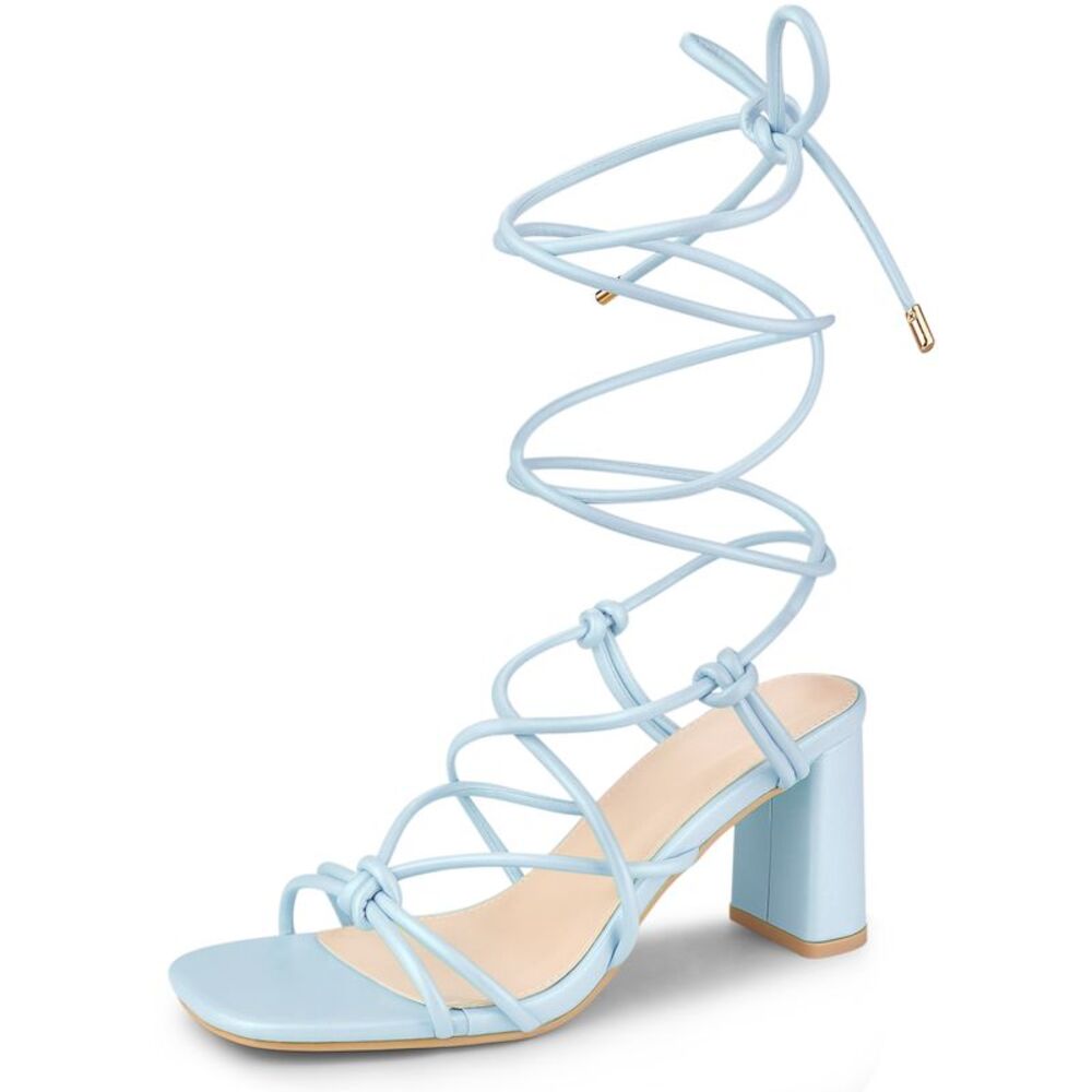 Strappy Heels Knots Square Toe Block Heel Lace Up Sandals Sky Blue
